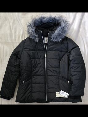 Black Puffer Jacket with Faux Fur Hood Plus Womens 2X Warm Comfy NWT